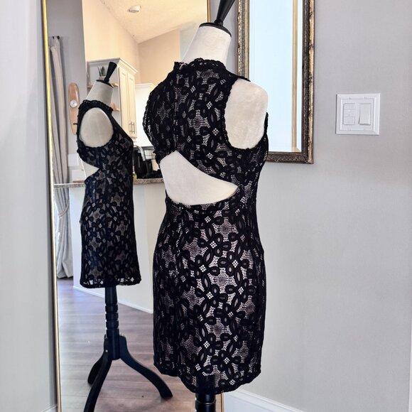 Nude Illusion Mini Dress | Black | Women | M | Open Button-Up Back - Picture 3 of 11